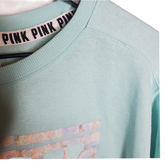 VS PINK Baby Blue Campus Crew Holographic Logo XS - Picture 7 of 11
